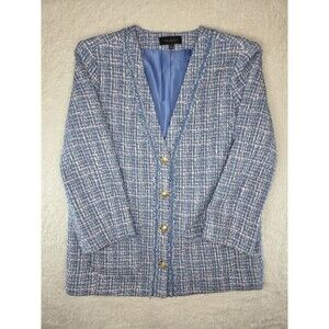 Talbots Blue Pink White Geometric Tweed Blazer Jacket Fringe Pockets Size 8